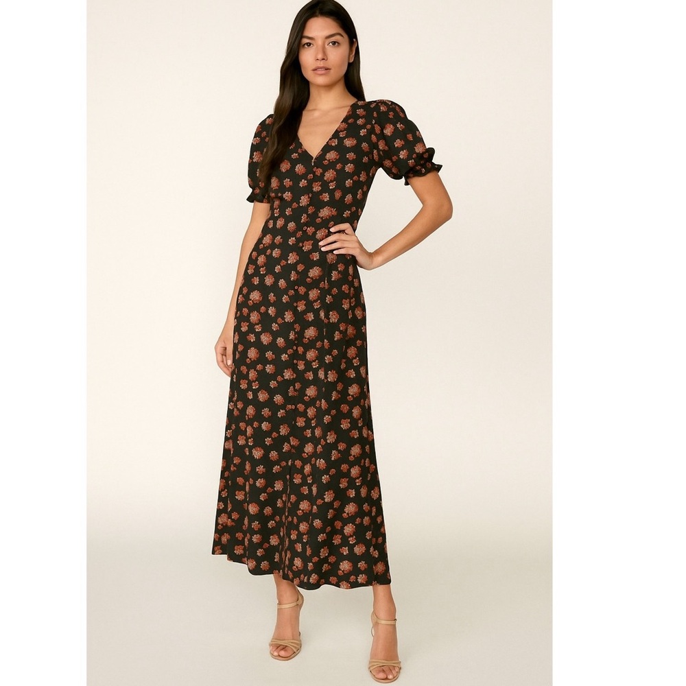 New!- Outerknown Kira Night Esalen Bloom Floral Puff Sleeve Maxi Dress